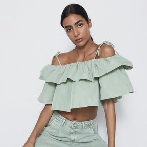 Zara | Tops | Zara Ruffled Off The Shoulder Green Crop Top | Poshmark